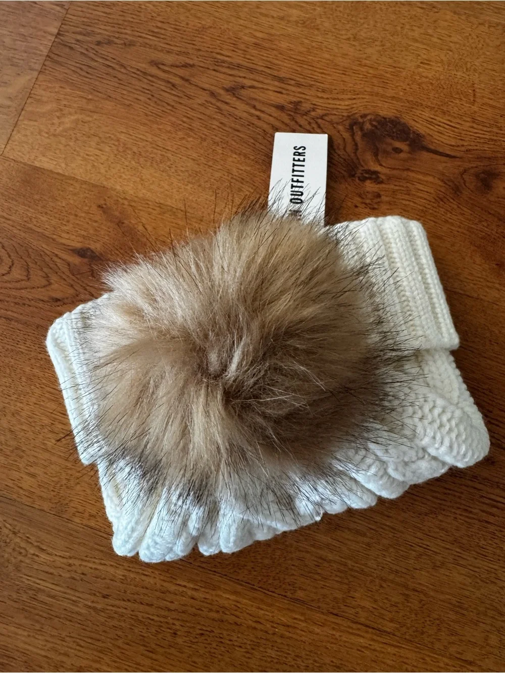 Urban Outfitters Cream Cable Knit Pom Beanie with Brown Faux-Fur Pom